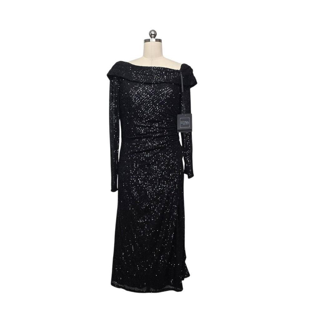 Ieena for Mac Duggal Black Sequin Off Shoulder Midi Dress 26551 Size 10 NEW